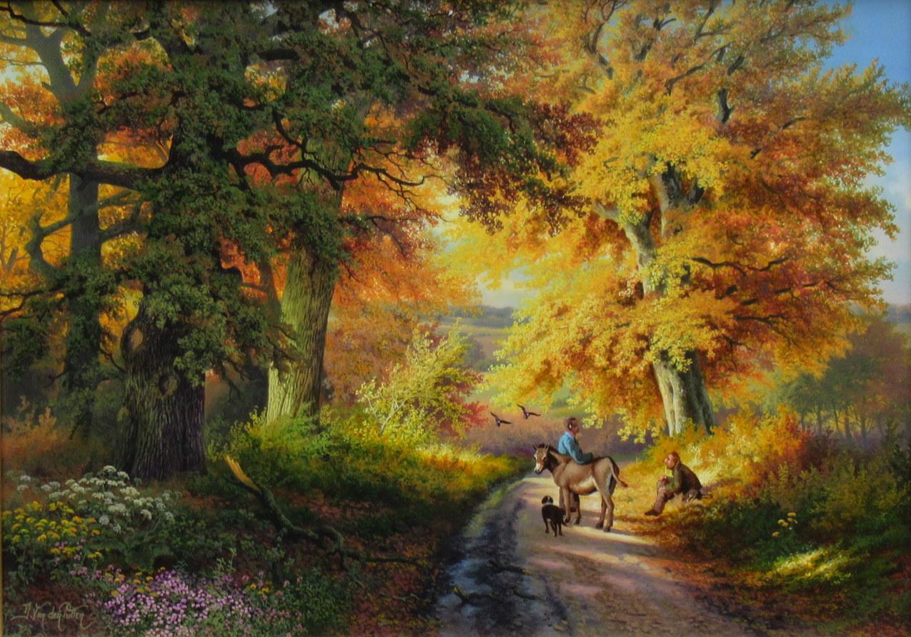Superb painting by Daniel Van der Putten, an autumn view of a typical Irish rural landscape.

This vintage evening view depicts a traveler with his horse and dog talking to a seated farmer on a winding dirt road amongst a Landscape of tall trees.