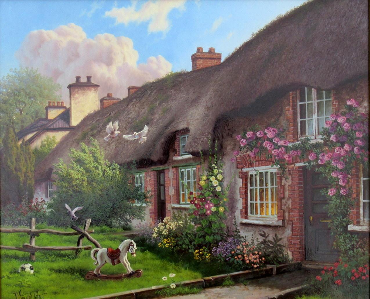 Superb Painting by Daniel Van der Putten, a view of a row of traditional thatched Cottages in Adare village, one of Ireland’s most scenic West of Ireland Villages in County Limerick. This vintage evening view depicts a row of Rose covered thatched