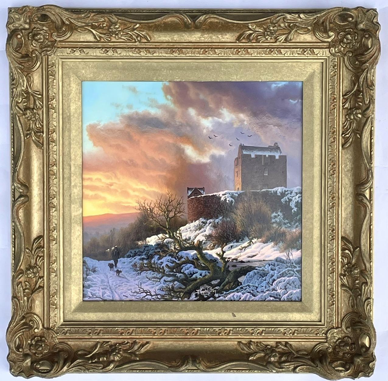 Superb traditional oil painting by living Artist Daniel Van der Putten, depicting an Irish rural snow scene near Kinvara in County Galway, a view of a Sixteenth Century Irish Castle known as Dunguaire Castle at the end of a snow filled winding dirt