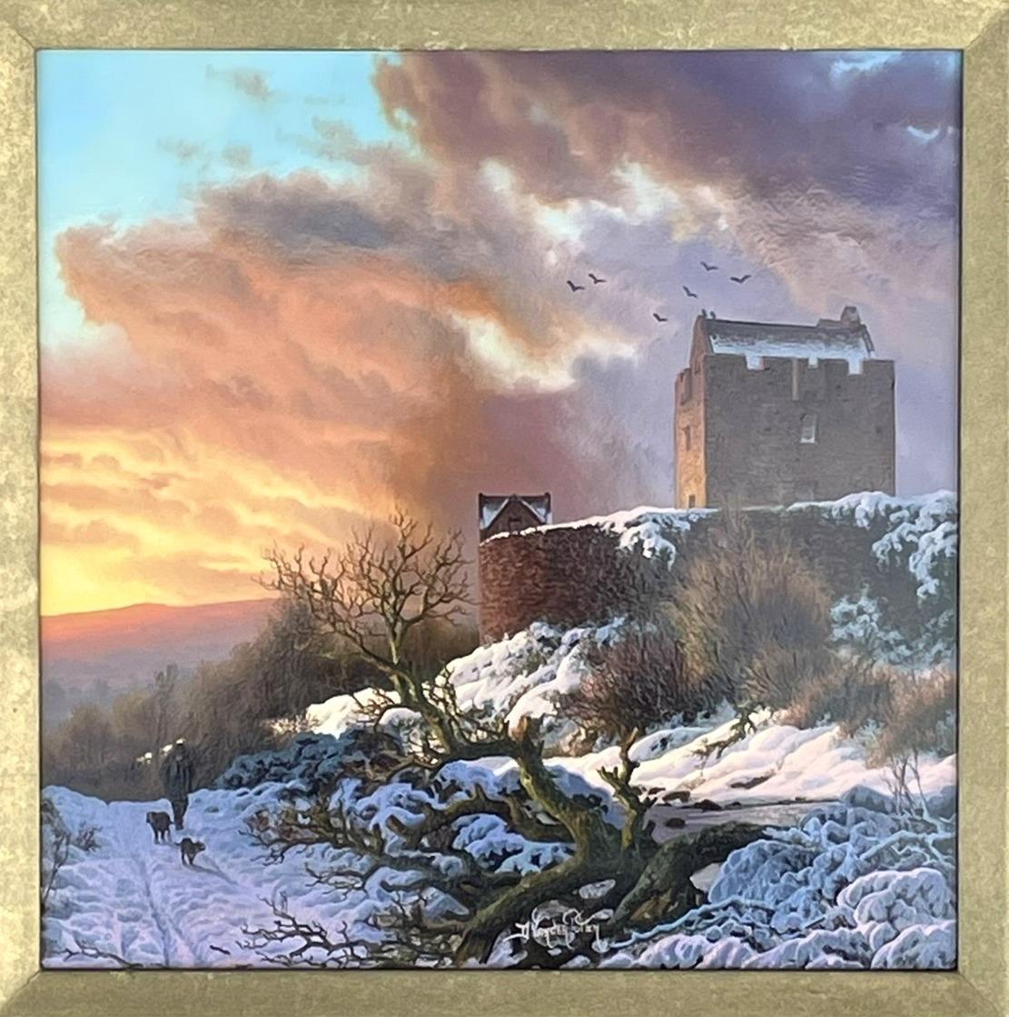 Modern Daniel Van Der Putten Oil Painting Panel Irish Castle Snow Scene Galway Ireland For Sale