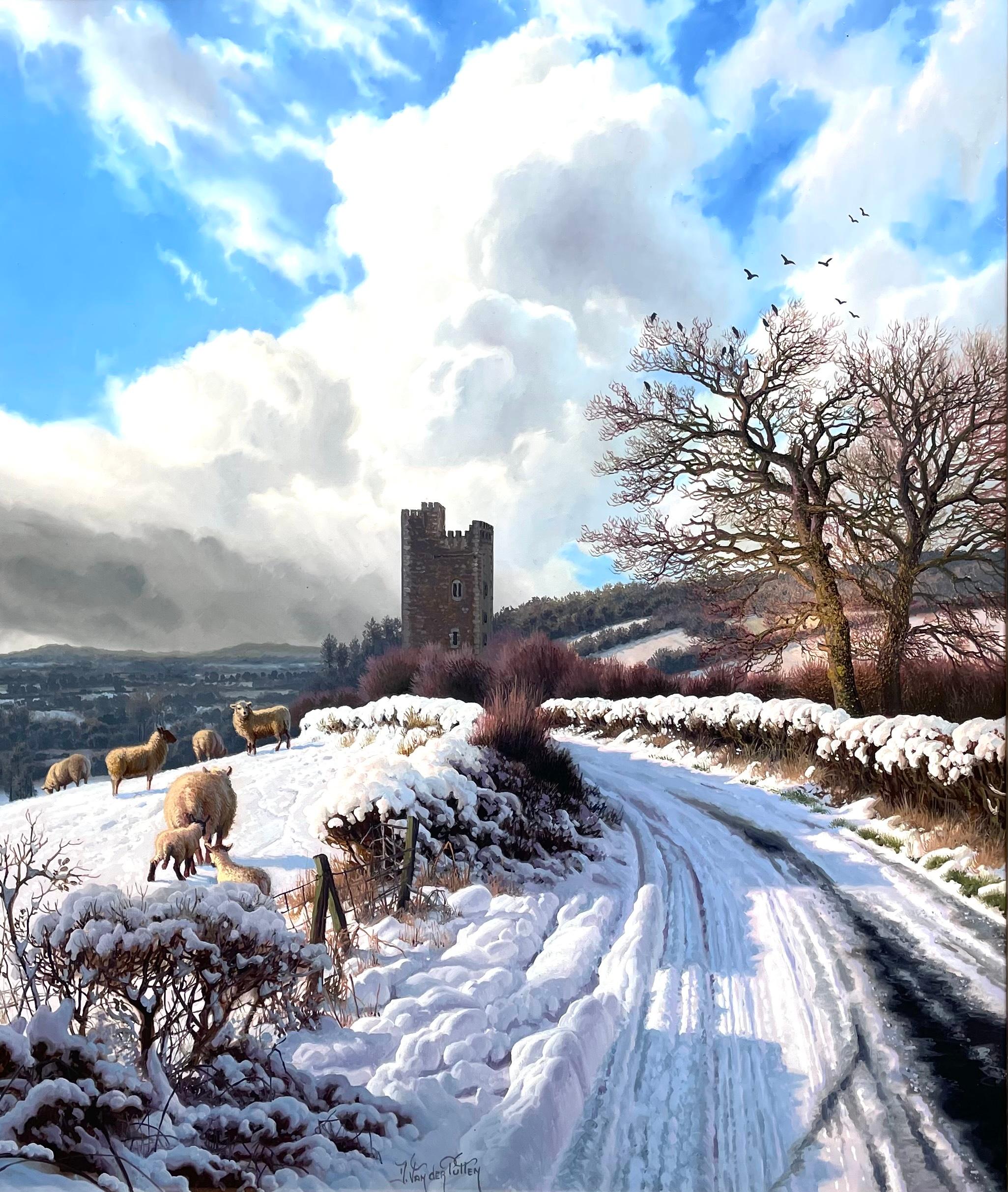 Victorian Daniel Van Der Putten Oil Painting Winter Snow Scene Glenquin Castle, Limerick For Sale