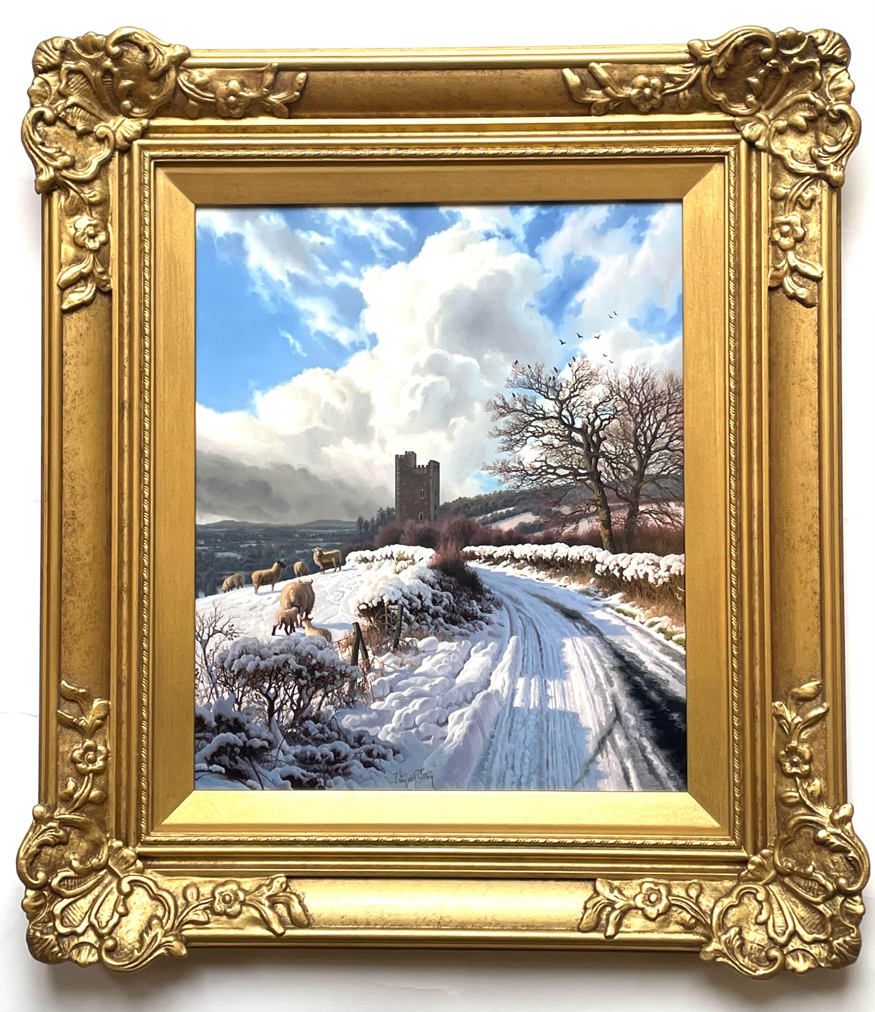 English Daniel Van Der Putten Oil Painting Winter Snow Scene Glenquin Castle, Limerick For Sale
