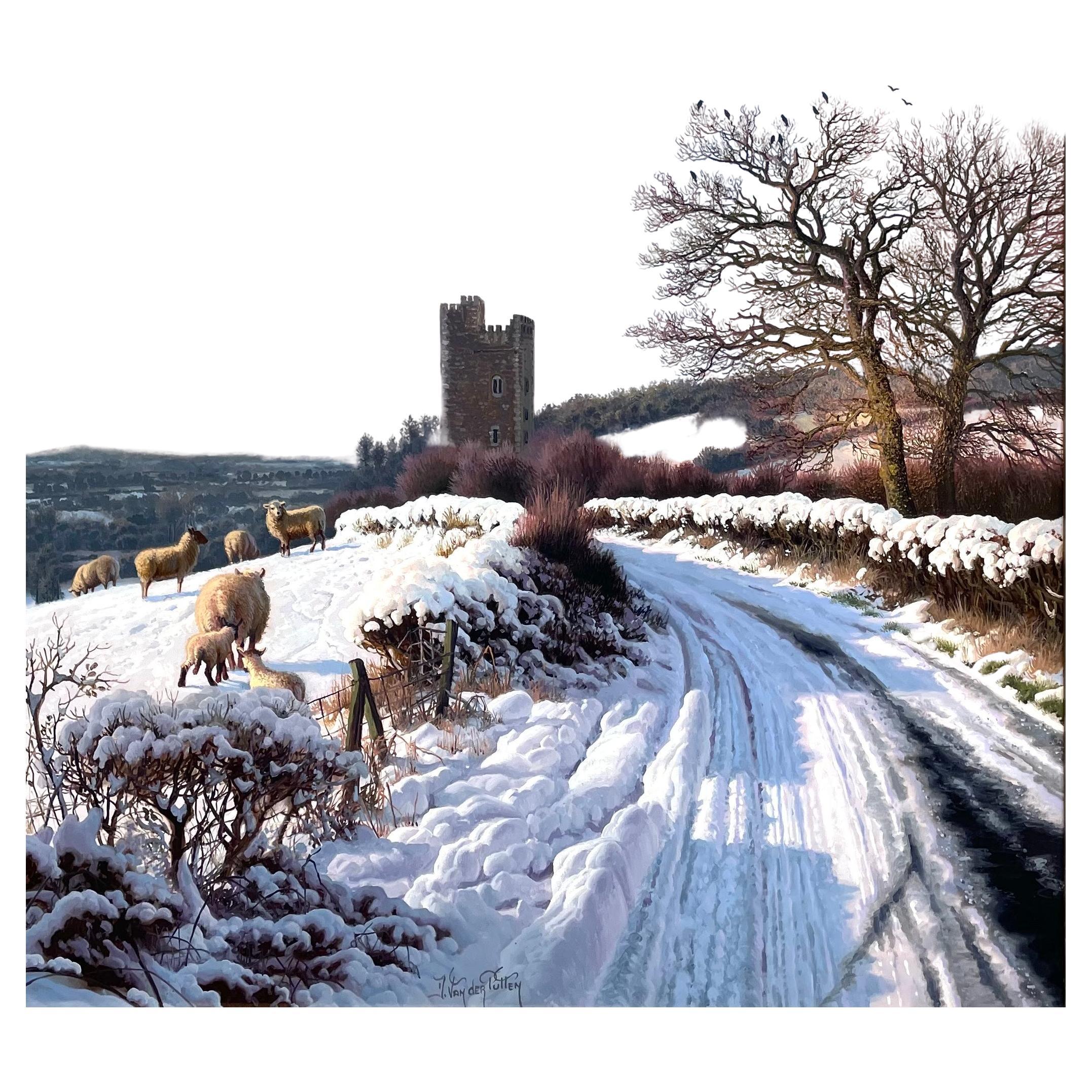 Superbe peinture de Daniel Van der Putten, représentant une magnifique scène de neige rurale, un chemin de terre enneigé avec un troupeau de moutons sur la gauche et une vue de Glenquin Castle Killeedy County Limerick Ireland, dans le lointain.