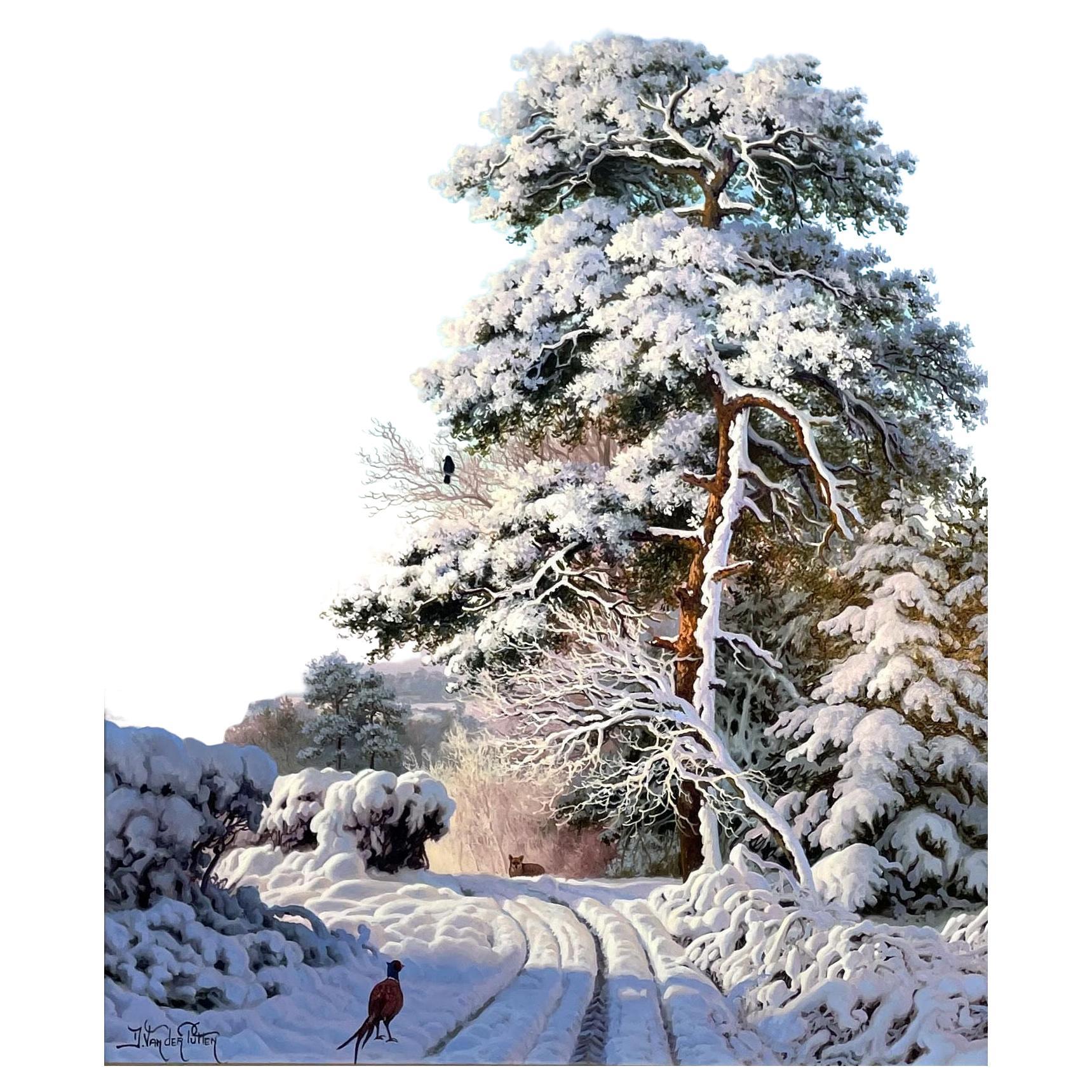 Hervorragendes Gemälde von Daniel Van der Putten, das eine wunderbare ländliche Schneeszene zeigt, einen schneebedeckten Feldweg mit einem hohen, schneebedeckten, hoch aufragenden Baum auf einem Hügel und einem einsamen Pfau auf dem Boden in dem