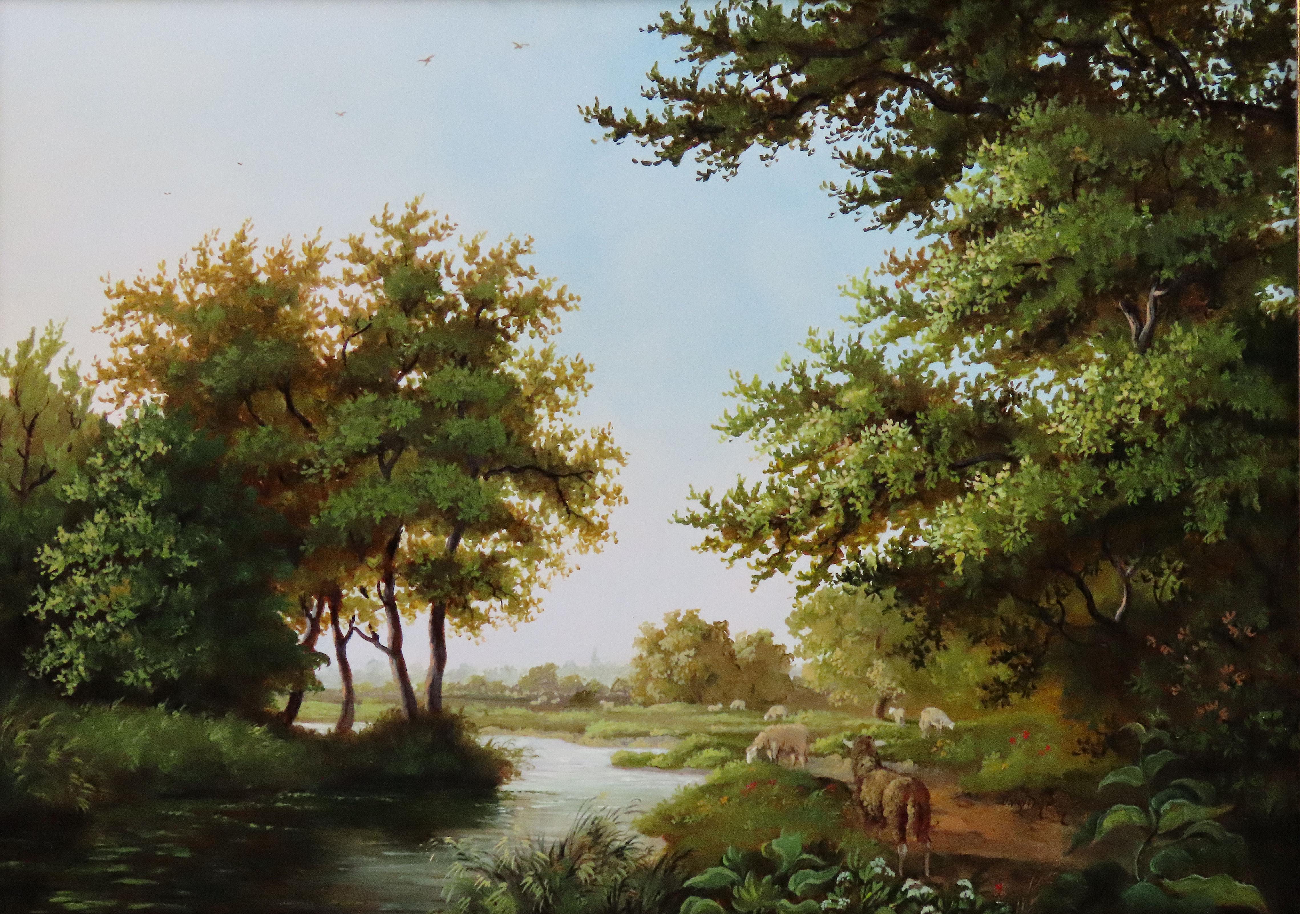 Huile originale sur panneau, DANIEL van der PUTTEN, « La rivière à Gayton » - Marron Landscape Painting par Daniel Van Der Putten