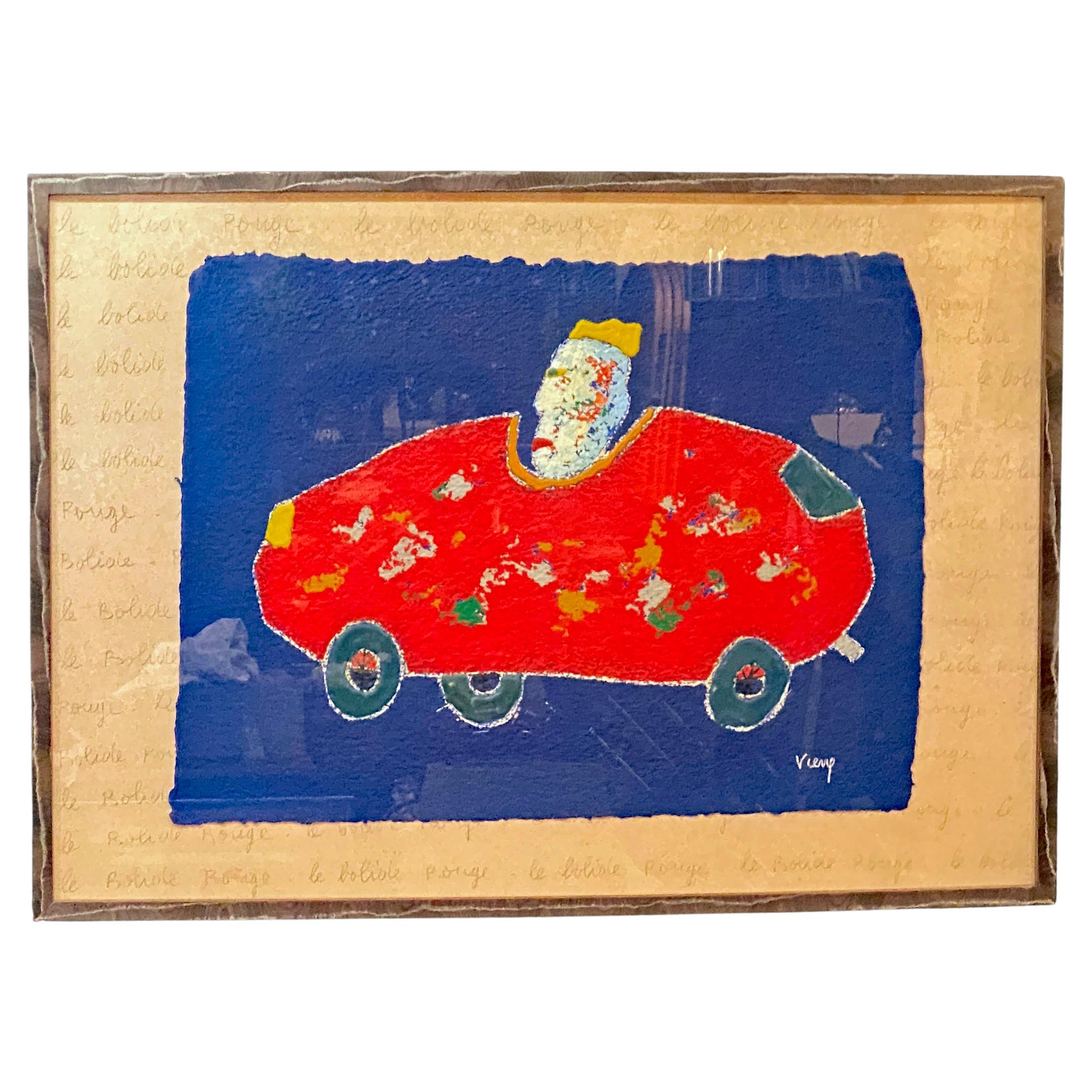 Daniel Viene ( 1955-2013) " Le bolide rouge" mixed technique on paper, signed For Sale