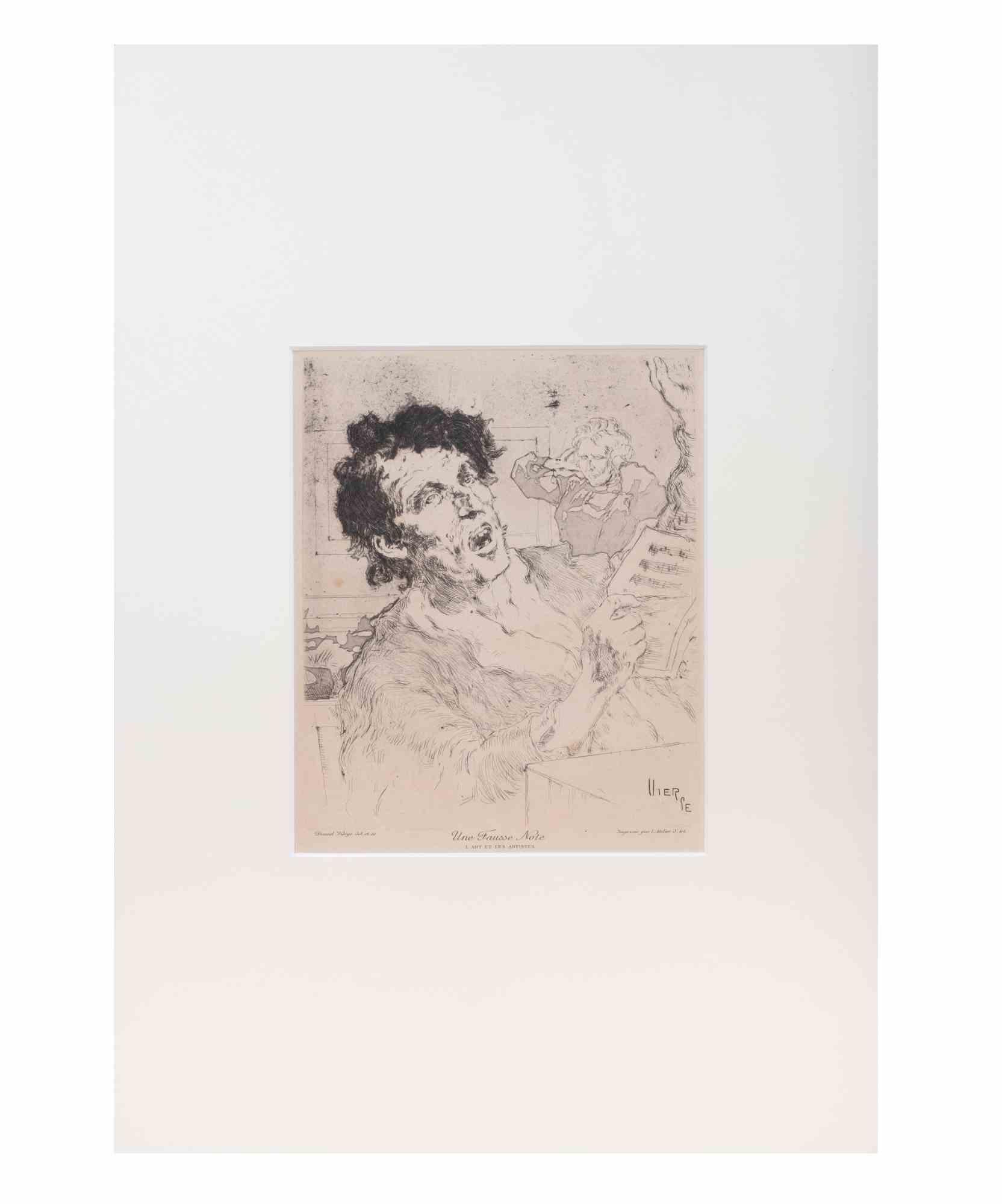 Une Fausse Note ist ein modernes Kunstwerk von Daniel Vierge aus dem späten 19.

Radierung in Schwarz und Weiß. In der Platte signiert.

Das Kunstwerk stammt aus der Zeitschrift "L'Art et les Artistes".

Passepartout inklusive. Gute Bedingungen.