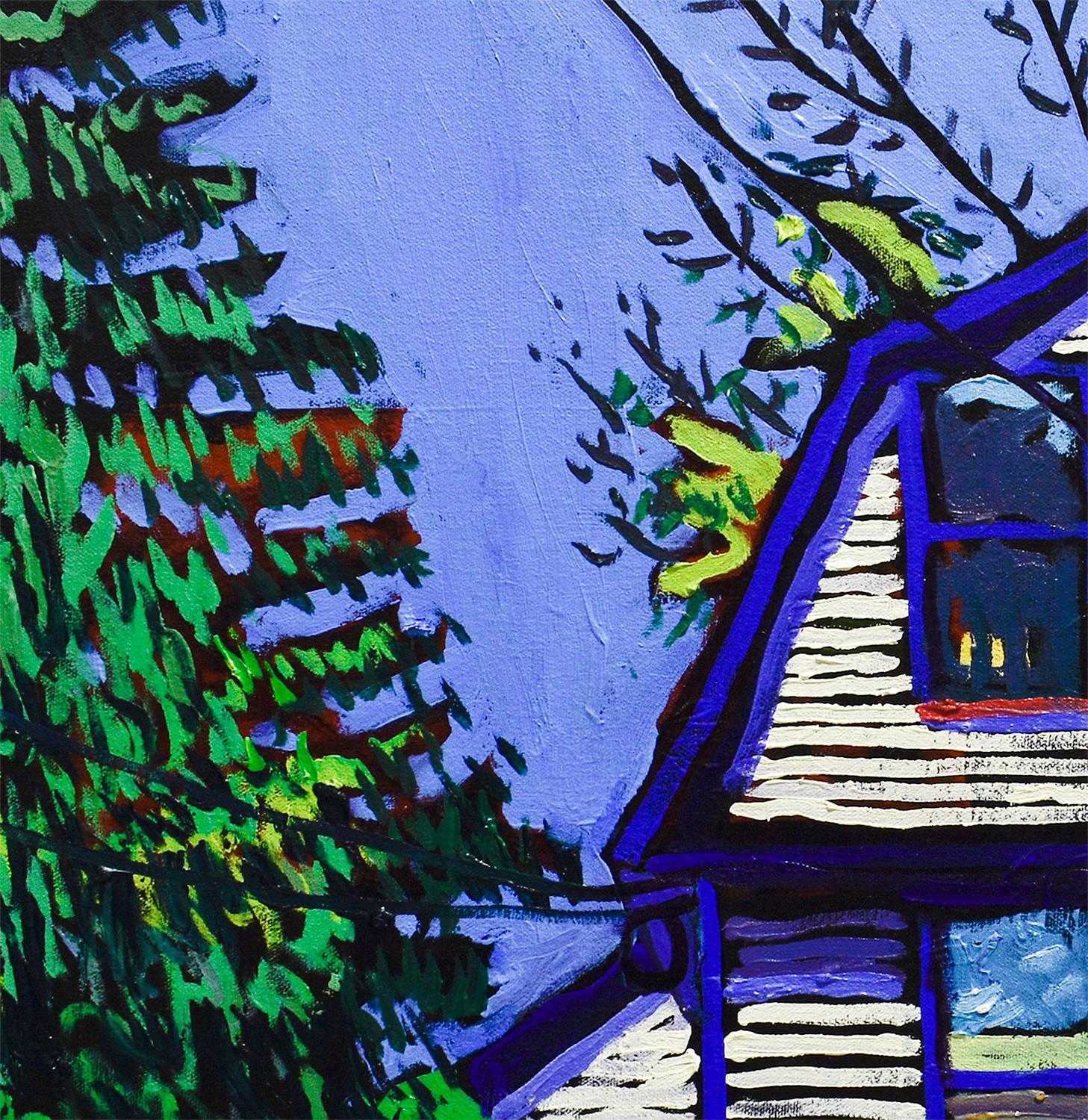 112 2nd St (huile contemporaine aux couleurs vives, bordure blanche et bleue) - Violet Still-Life Painting par Dan Rupe