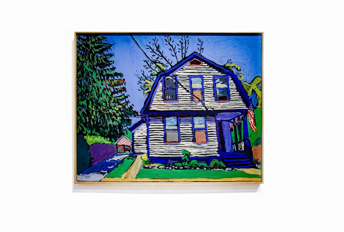 112 2nd St (Contemporary Brightly Colored Oil, White House & Blue Trim) - Painting by Dan Rupe