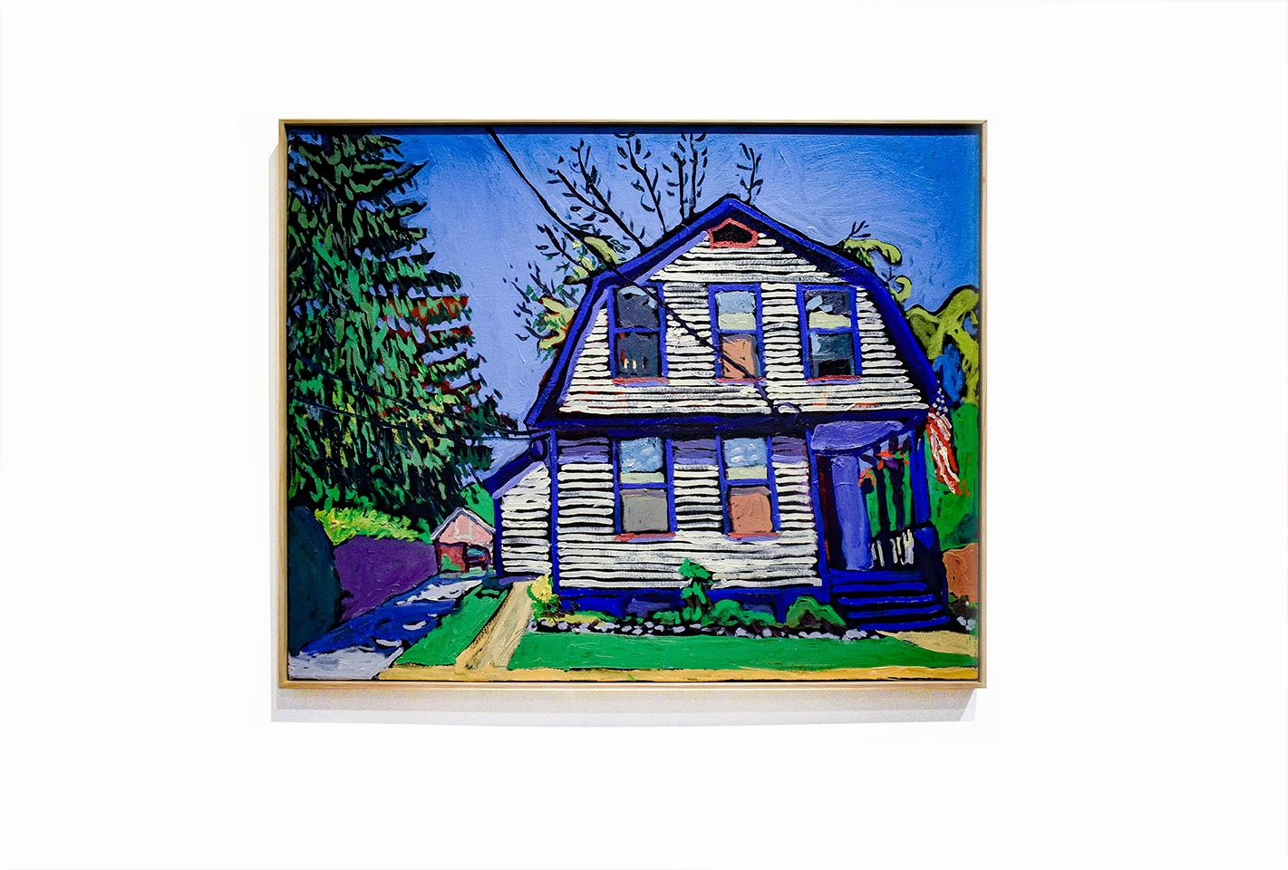 112 2nd St (Óleo contemporáneo de colores brillantes, casa blanca y adornos azules) - Painting de Dan Rupe