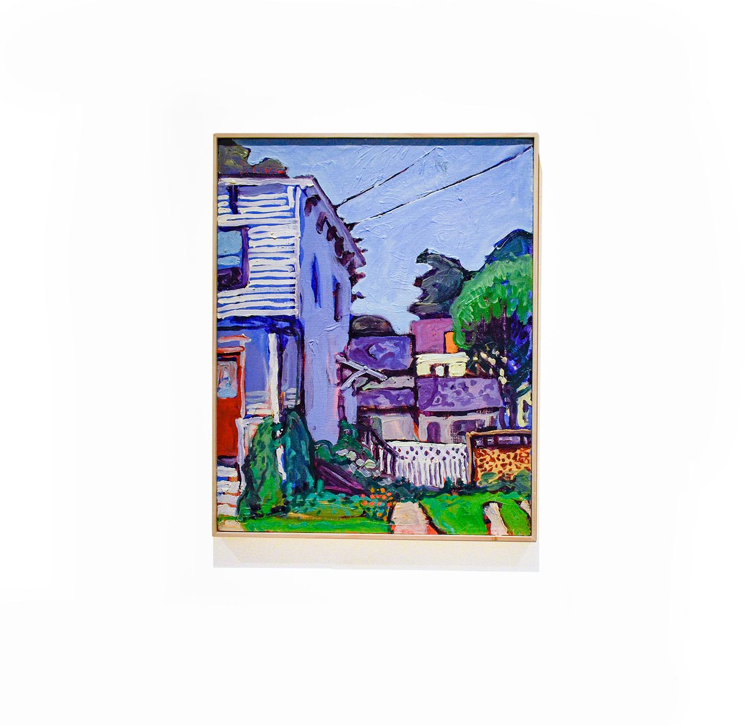 16 3rd St. Athens NY (Olio su lino: paesaggio urbano con una tavolozza di colori vivaci) - Painting Contemporaneo di Dan Rupe
