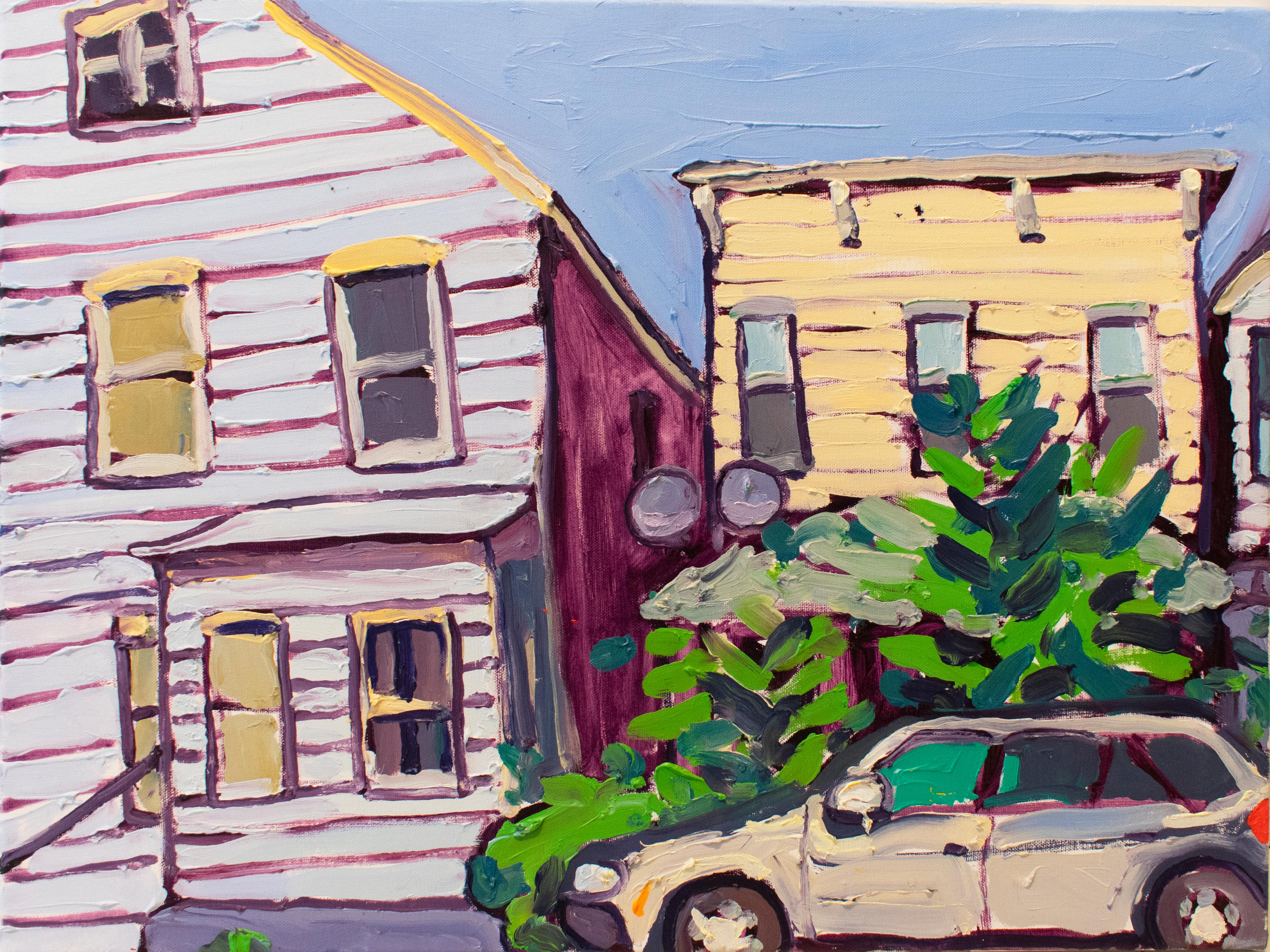 Landscape Painting Dan Rupe - Peinture à l'huile de paysage suburban de style fauviste 214, 216 State St.