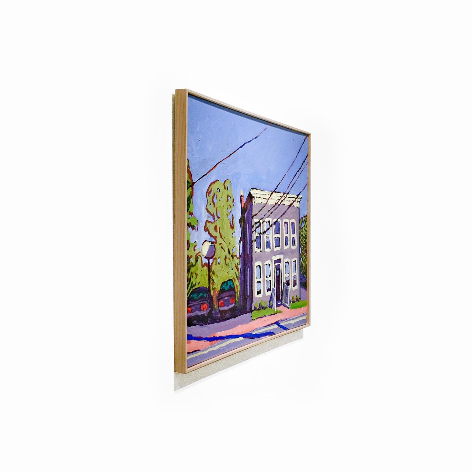 31 Washington Street (peinture de paysage urbain contemporain de Building & Power Lines) - Gris Still-Life Painting par Dan Rupe