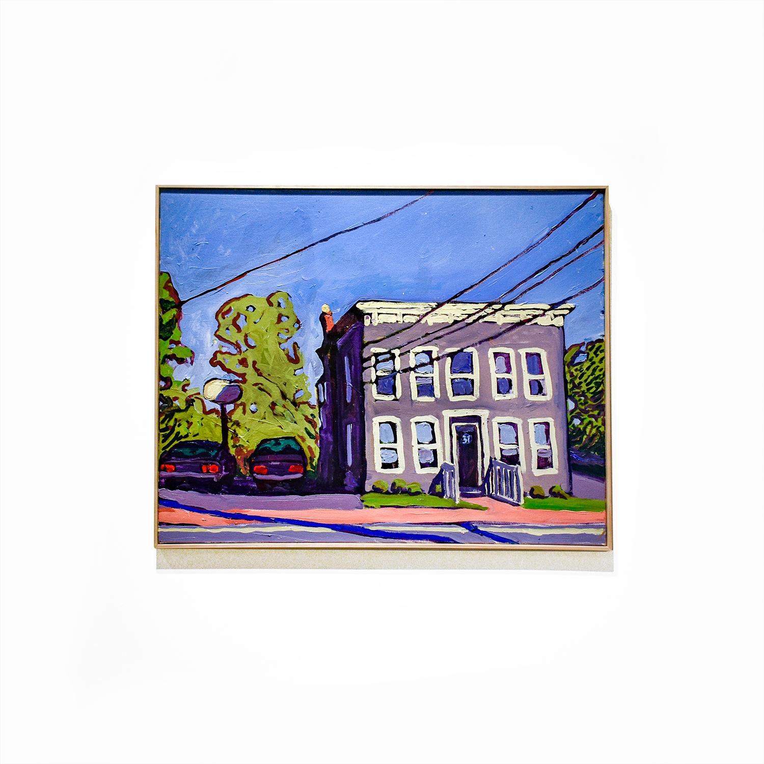 31 Washington Street (Contemporary Cityscape Painting of Building & Power Lines) - Gray Still-Life Painting by Dan Rupe