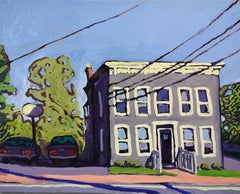 31 Washington Street (Pintura de paisaje urbano contemporáneo de edificio y líneas eléctricas)