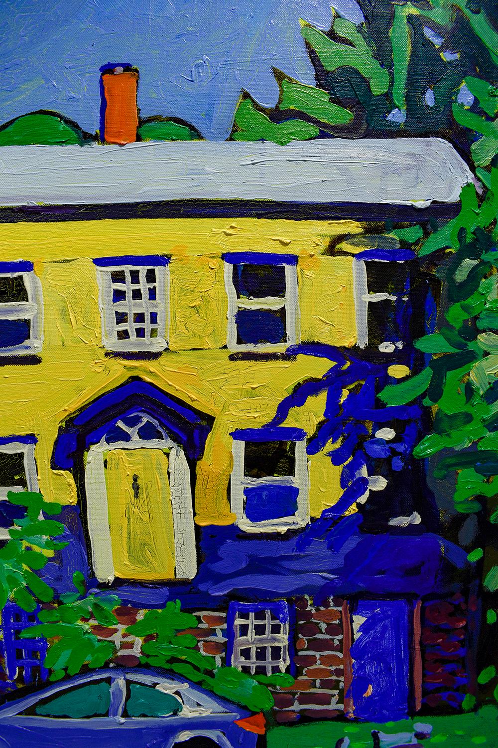 56 Washington, Athens NY (peinture à l'huile de style fauviste représentant une maison jaune et bleue) - Painting de Dan Rupe