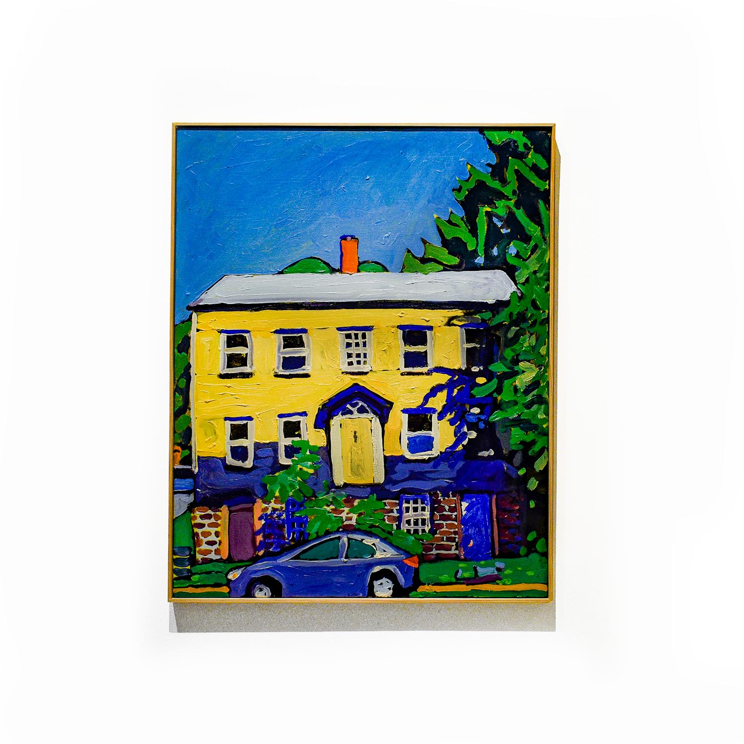 56 Washington, Athens NY (Pintura al óleo de estilo fauvista de una casa amarilla y azul) - Still-Life Painting Azul de Dan Rupe