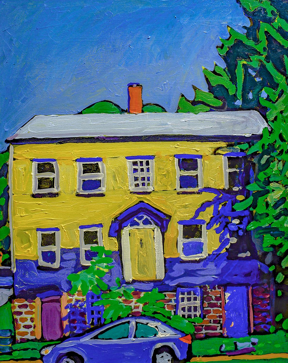56 Washington, Athens NY (Fauvist Style Oil Painting of Yellow & Blue House)