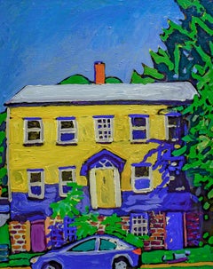 56 Washington, Athens NY (Pintura al óleo de estilo fauvista de una casa amarilla y azul)