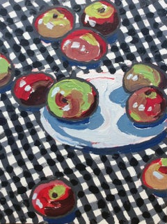 Apples and Plate (Fauvist Style Still Life Painting of Apples on Gingham) 