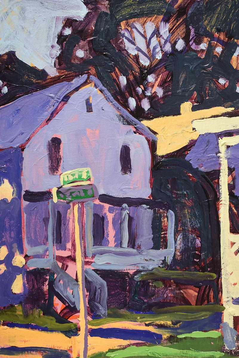Modern, Fauvist style cityscape painting of white and purple houses in upstate New York town
Oil on linen, unframed 
22 x 18 inches 
Signed on the back in red oil paint

This modern, Fauvist-style cityscape painting by Dan Rupe captures the streets