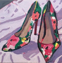 Chaussures à talons à fleurs (peinture de nature morte colorée de style fauviste représentant des chaussures roses et vertes)