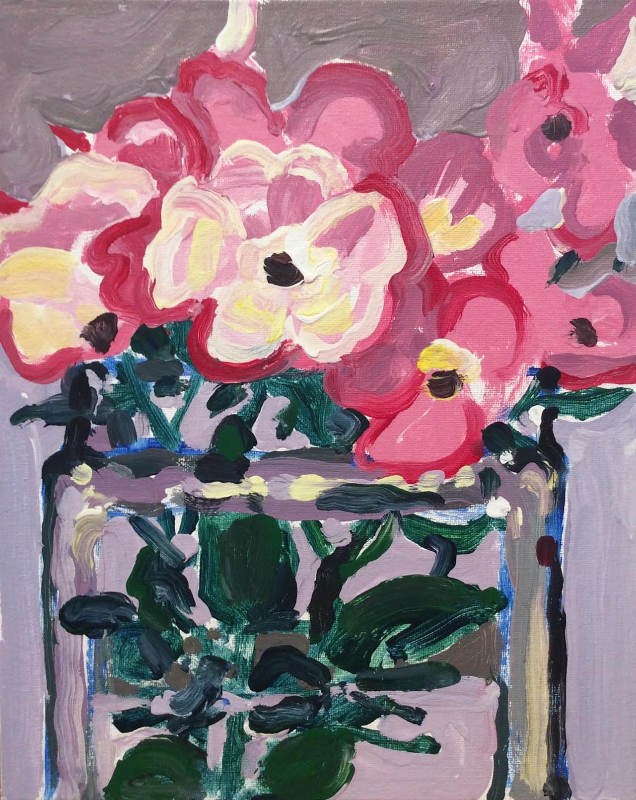 Dan Rupe Still-Life Painting - Hazel's Roses (Abstracted Fauvist Style Still Life Painting of Pink Flowers) 