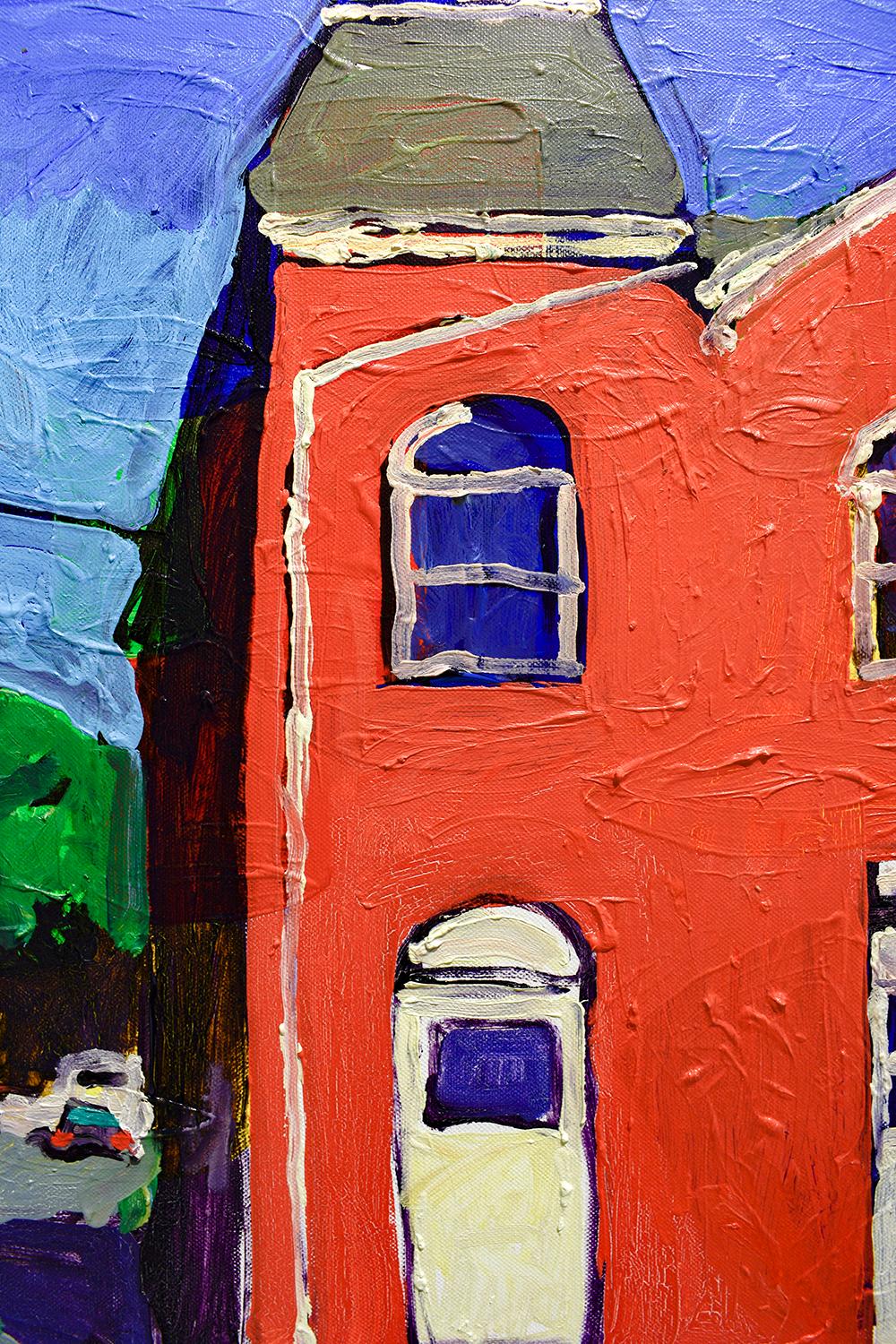 Macawamio Firehouse Athens, NY (peinture de paysage urbain de style fauviste sur toile) - Rose Still-Life Painting par Dan Rupe