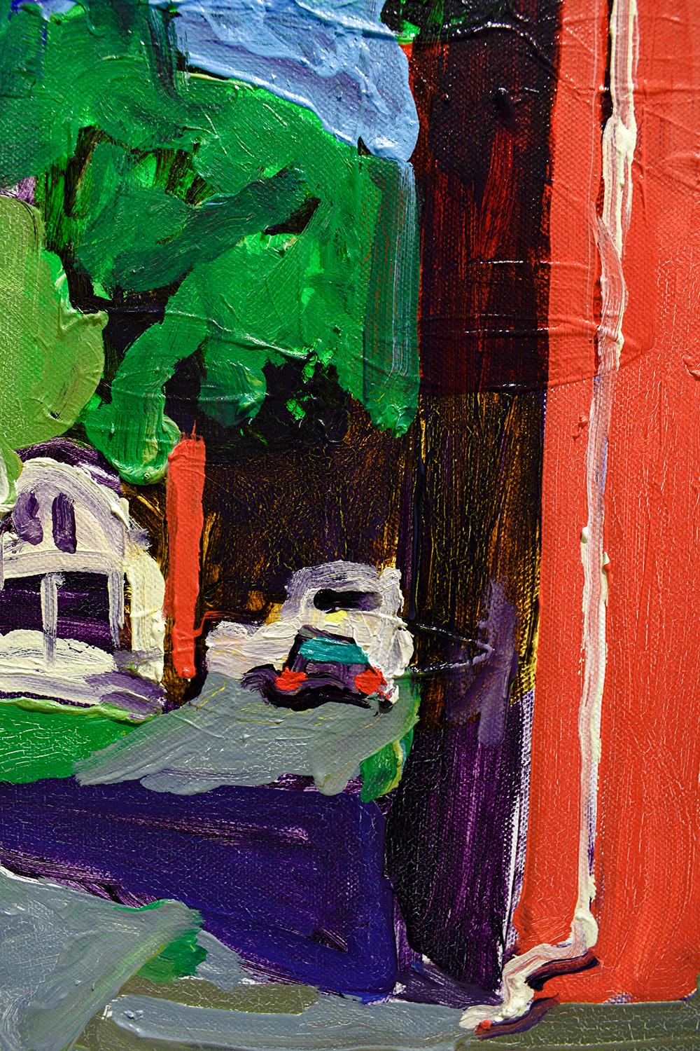 Macawamio Firehouse Athens, NY (Fauvist Style Cityscape Painting on Canvas) - Pink Still-Life Painting by Dan Rupe