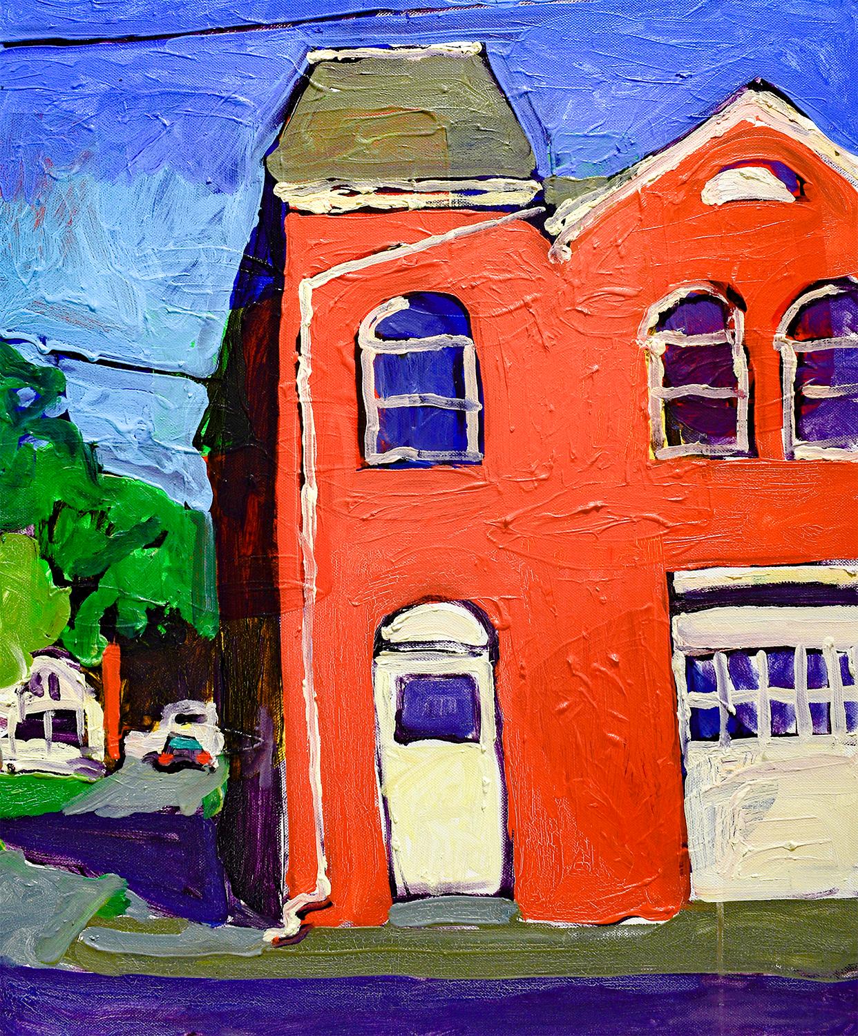 Macawamio Firehouse Athens, NY (Fauvist Style Cityscape Painting on Canvas)