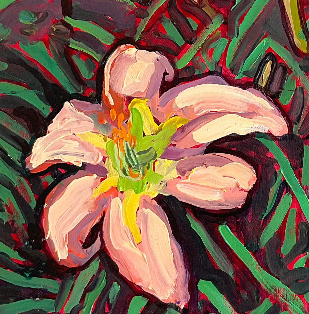 Pfirsichfarbene Lilien (Zeitgenössisches Stillleben mit lebhaften Tigerlilien, Öl auf Leinwand)  – Painting von Dan Rupe