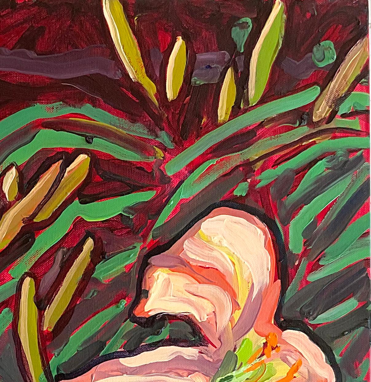 Pfirsichfarbene Lilien (Zeitgenössisches Stillleben mit lebhaften Tigerlilien, Öl auf Leinwand)  (Schwarz), Still-Life Painting, von Dan Rupe