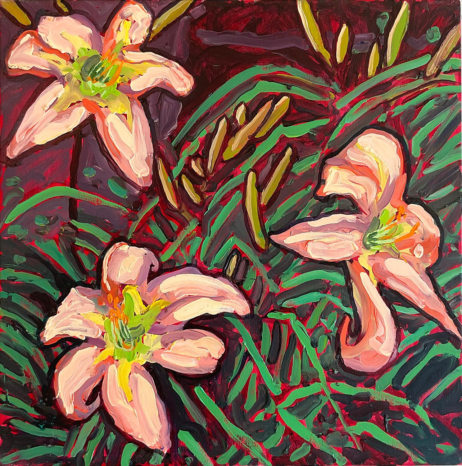 Still-Life Painting Dan Rupe - Lilies de couleur pêche (nature morte contemporaine de lis tigrés vibrants, huile sur toile) 