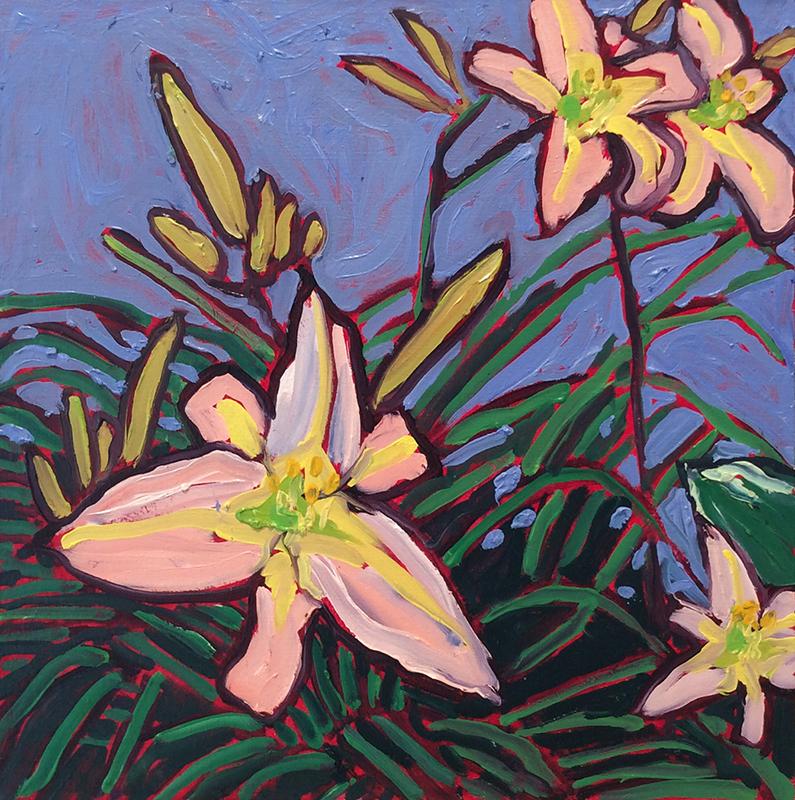 Still-Life Painting Dan Rupe - Lilies d'été ( Nature morte contemporaine de lys vibrantes, huile sur toile) 