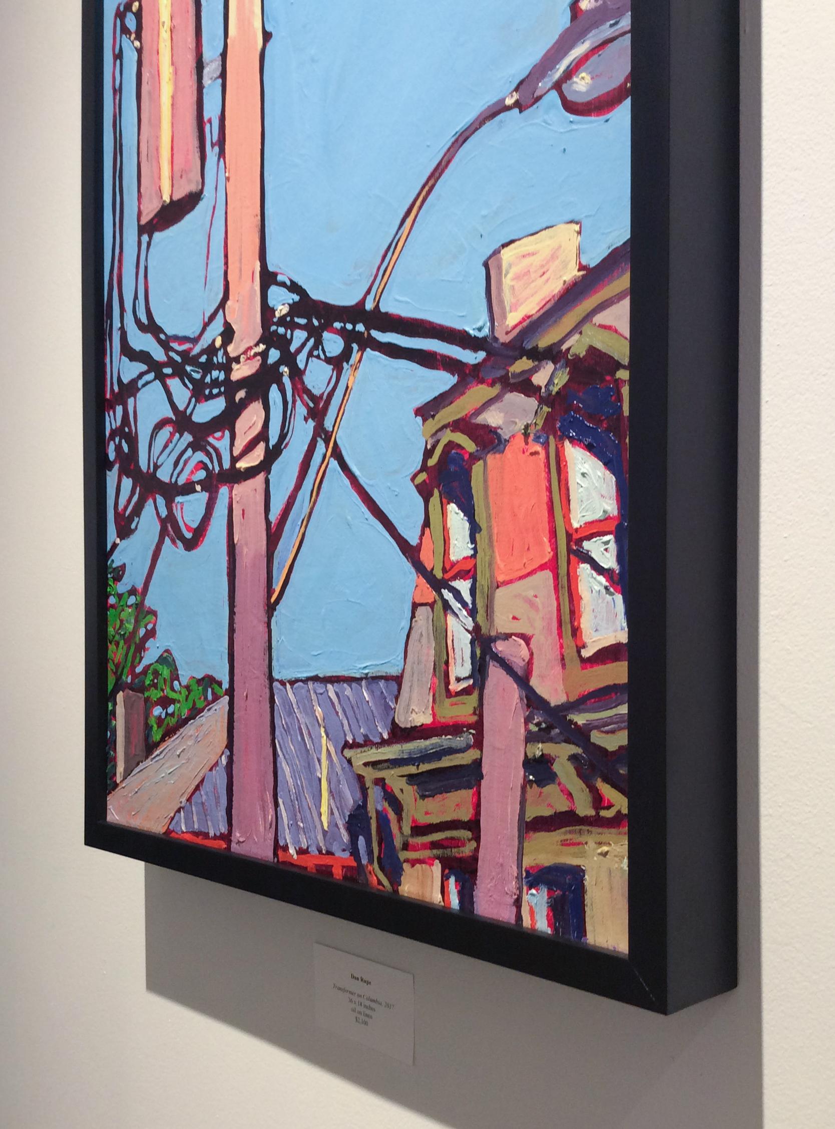 Transformers on Columbia: Fauvist Style Cityscape Painting with Blue Sky, Framed - Pink Landscape Painting by Dan Rupe