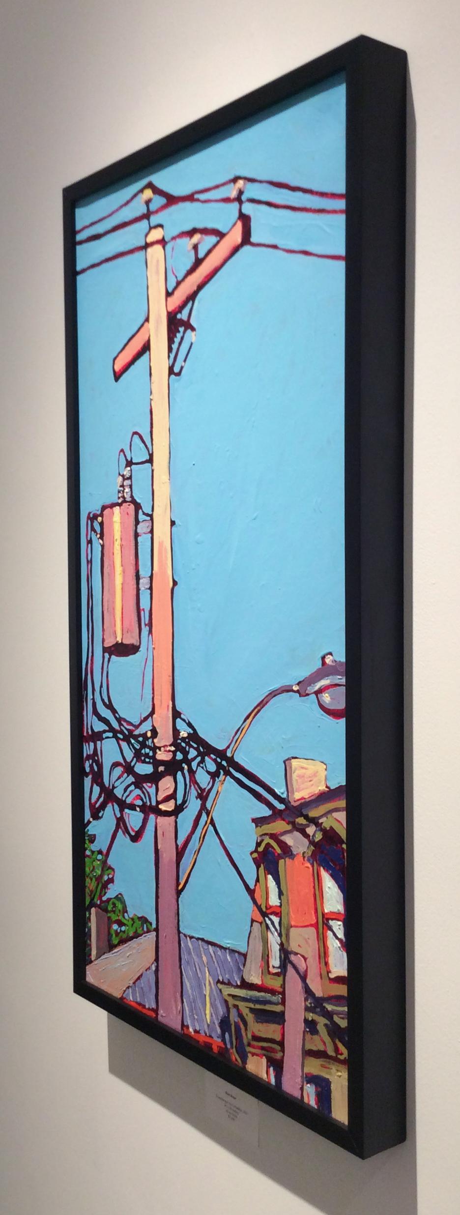 Modern, Fauvist style cityscape painting of a rooftop and electric pole against a bright blue sky
Oil on linen framed in a simple black frame, 36 x 18 inches
Signed on the back in red oil paint

This modern, Fauvist-style cityscape painting by Dan
