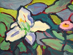 Two Day Lilies (Fauvist Style Still Life Painting of White Flowers on Green)