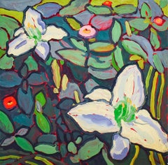 Two Day Lilies (Fauvist Style Still Life Painting of White Flowers on Green)