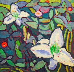 Used Two Day Lilies (Fauvist Style Still Life Painting of White Flowers on Green) 