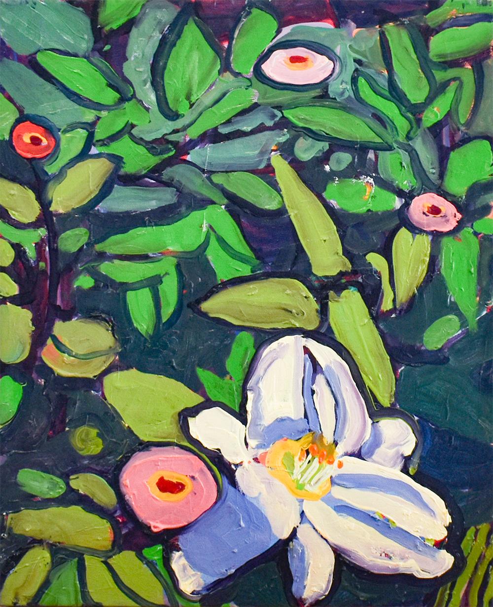 This listing contains two paintings by the artist Dan Rupe:

1) "White Day Lillies & Zinnias I", 2016, 19 x 16 inches, oil on canvas unframed, $1000
Modern, Fauvist style floral still life painting of white day lilies, zinnias, and green grass with