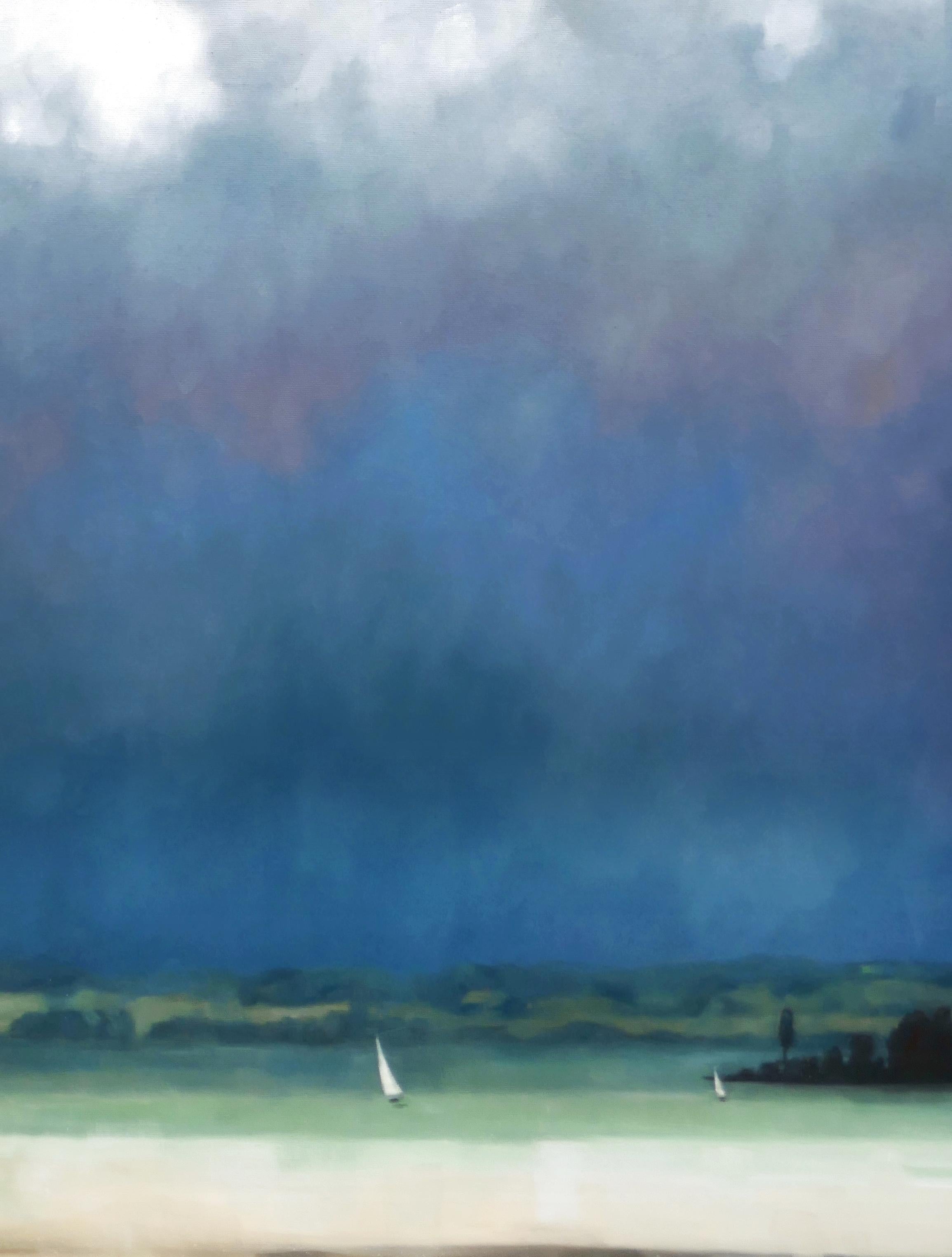 Atmosphere - Moderne expressionistische Landschaft, Meereslandschaft, Segelboot, Ölgemälde (Grau), Figurative Painting, von Daniel Wimmer