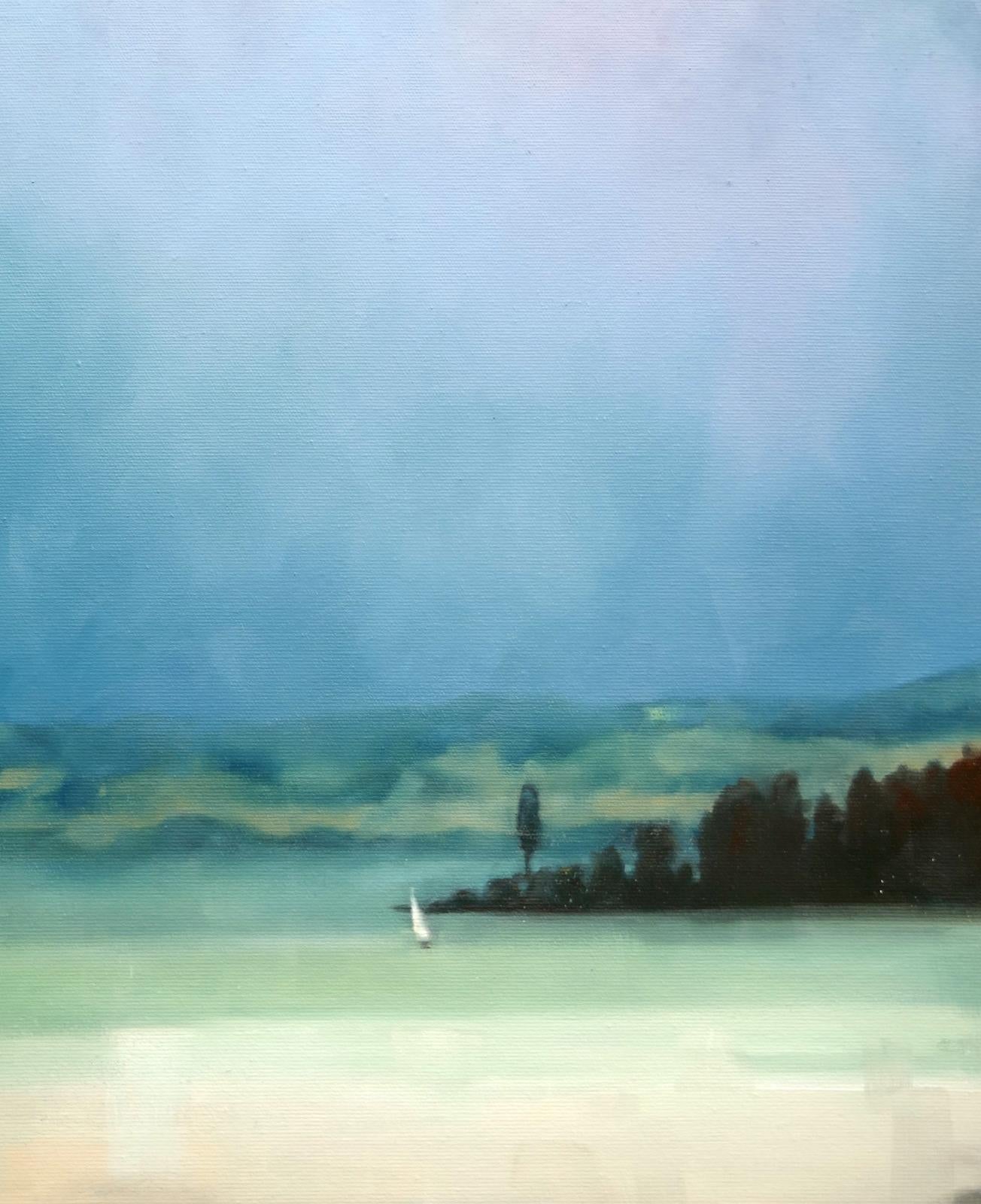 Atmosphere - Moderne expressionistische Landschaft, Meereslandschaft, Segelboot, Ölgemälde im Angebot 1