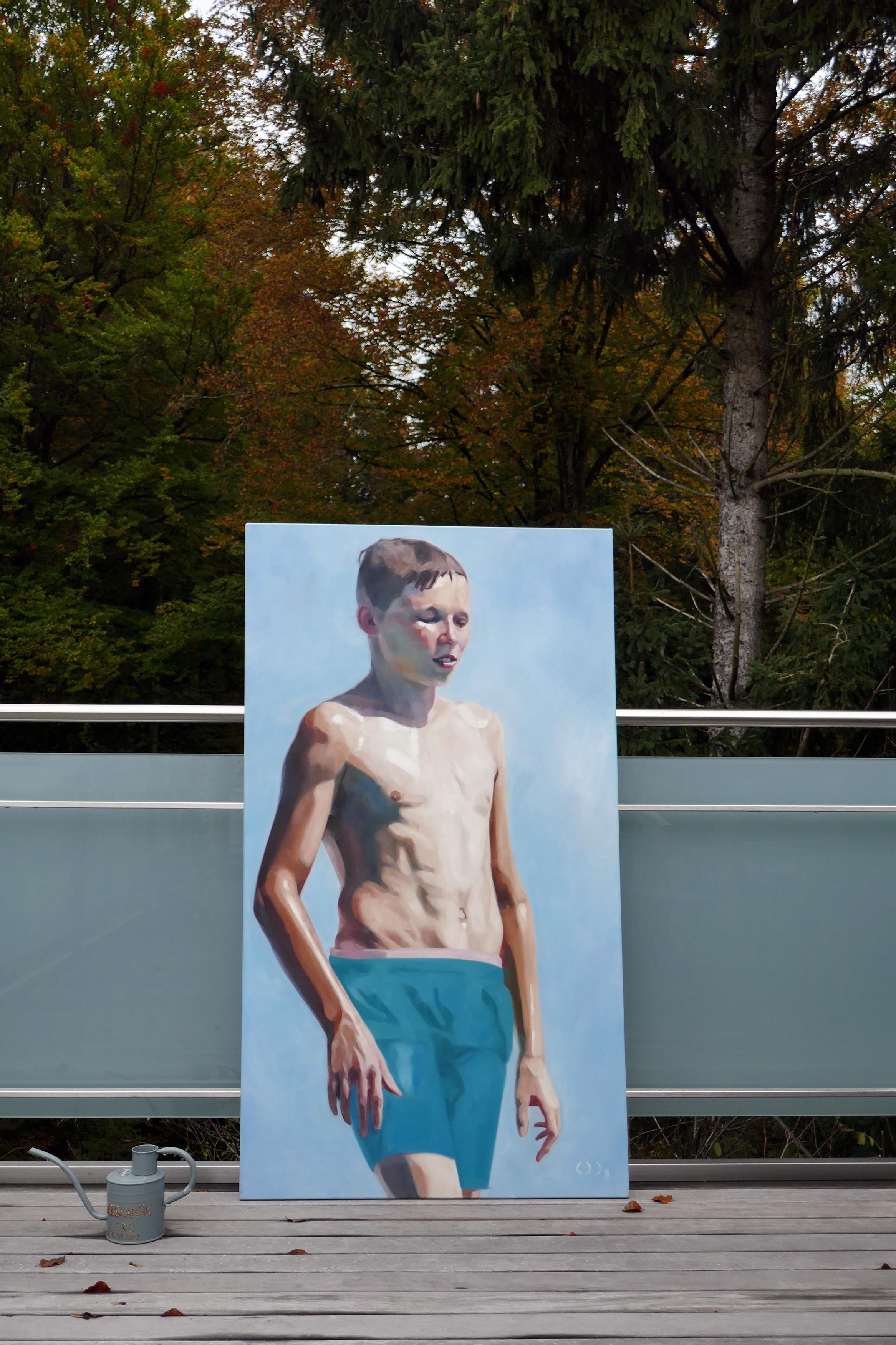 Daunen ist das Neue Up 3  - Contemporary Expressive Figurative Ölgemälde im Angebot 1