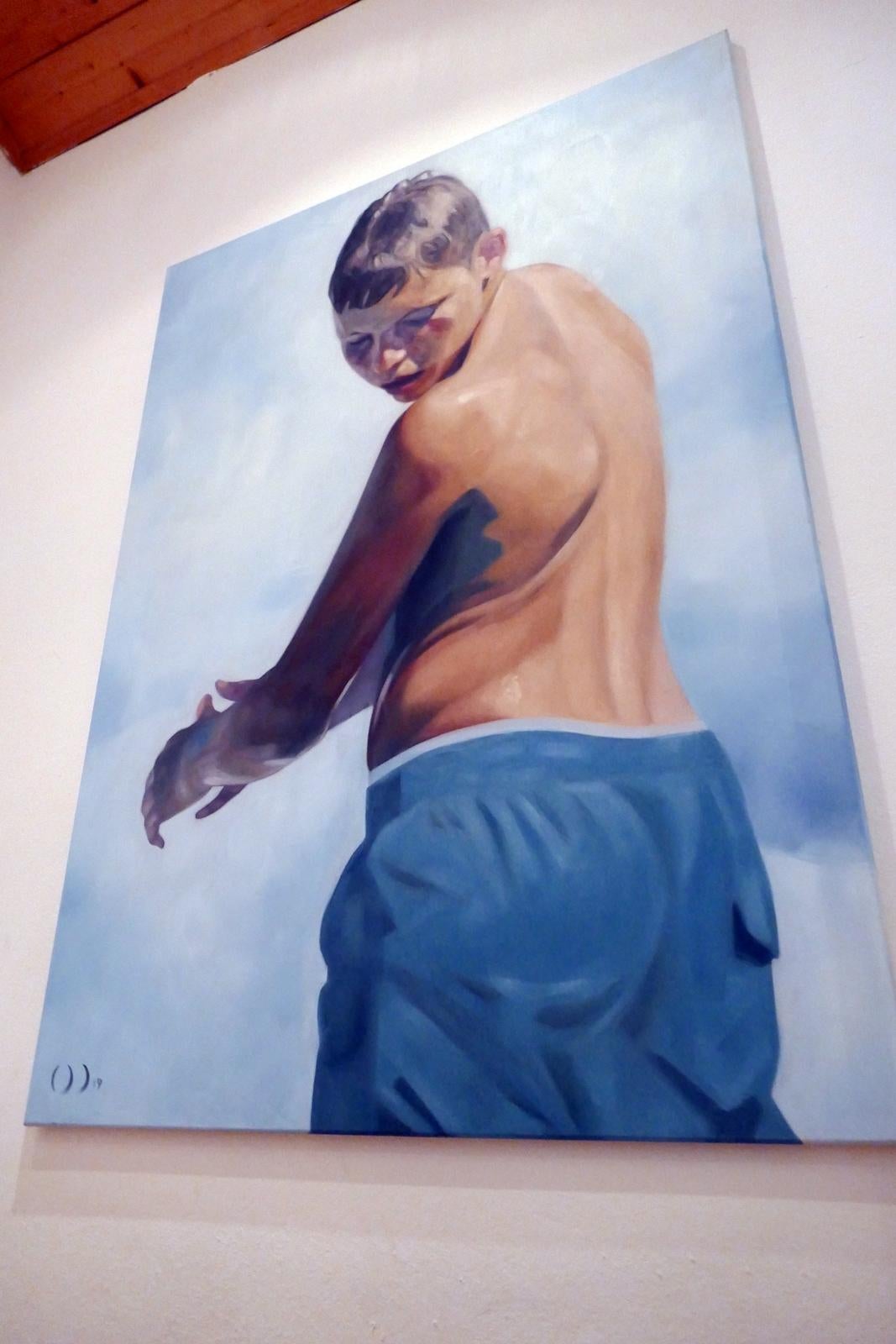 Downs ist das neue Up 5  - Contemporary Expressive Figurative Ölgemälde (Blau), Figurative Painting, von Daniel Wimmer