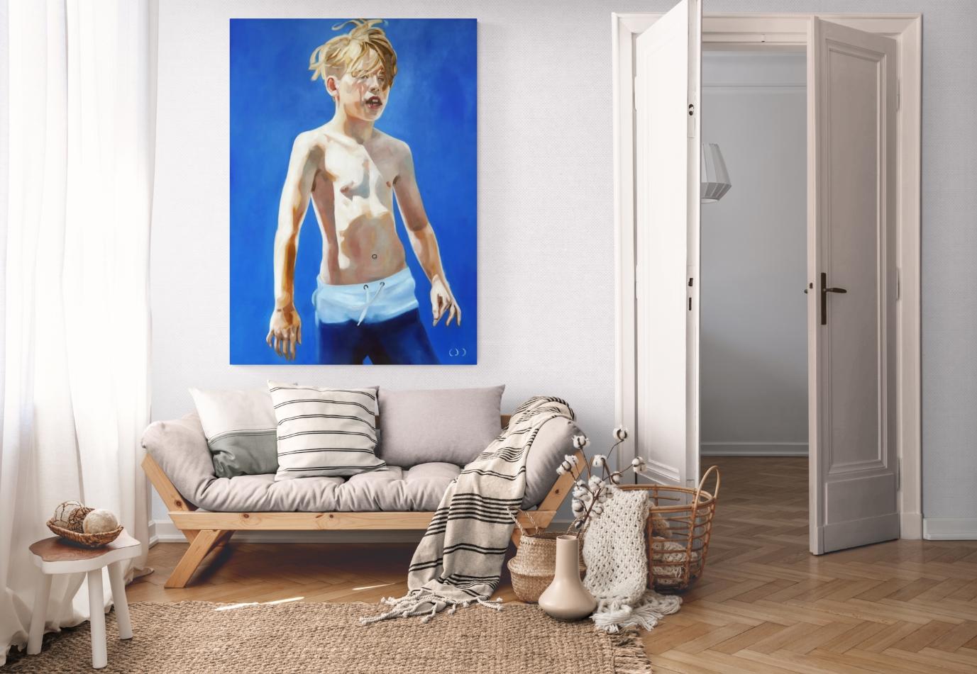Down is the new Up 8  - Pittura a olio figurativa espressiva contemporanea - Portrait Painting Blu di Daniel Wimmer