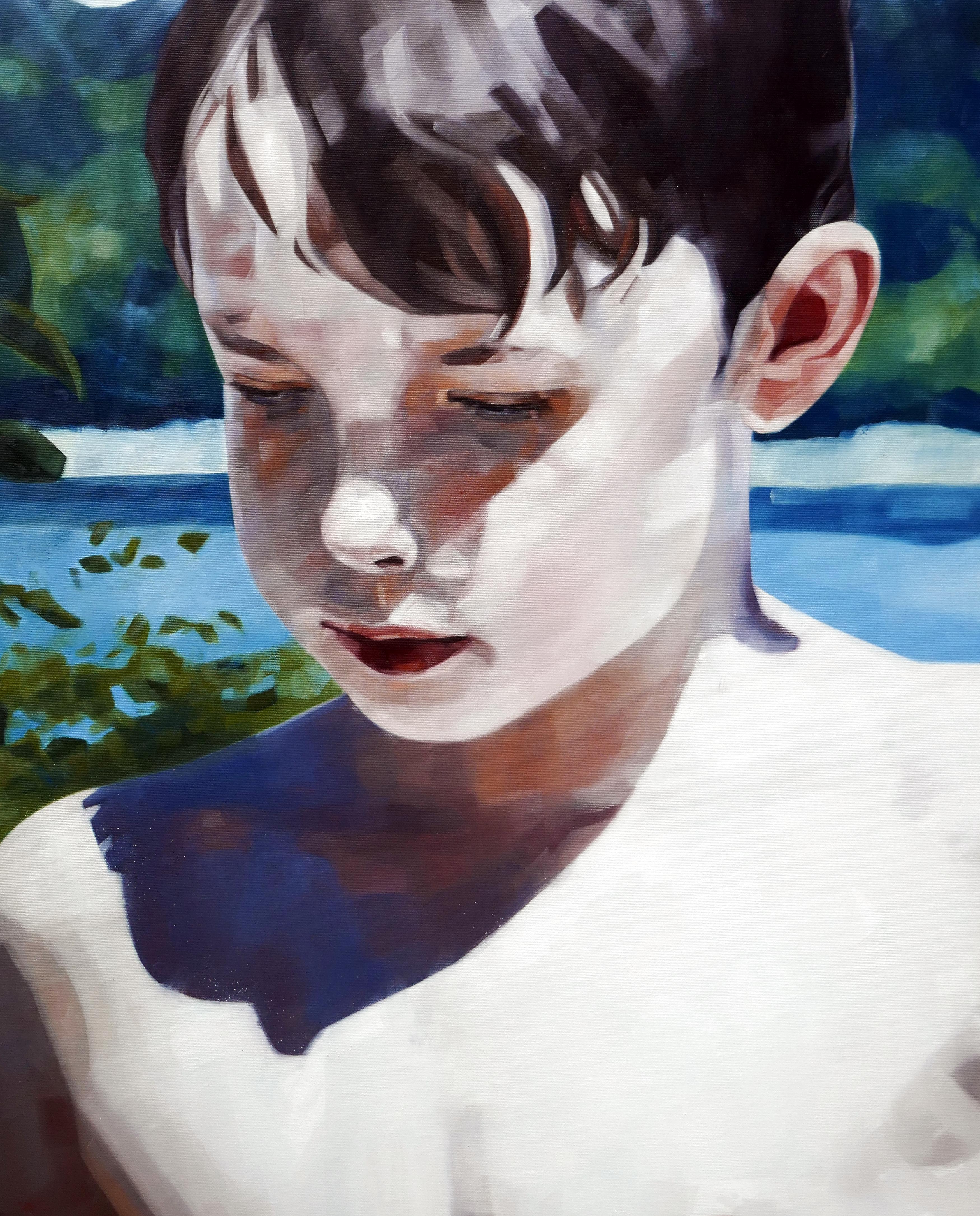 Segreto  - Pittura ad olio figurativa espressiva contemporanea, ritratto di ragazzo - Painting di Daniel Wimmer