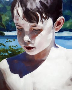 Segreto  - Pittura ad olio figurativa espressiva contemporanea, ritratto di ragazzo