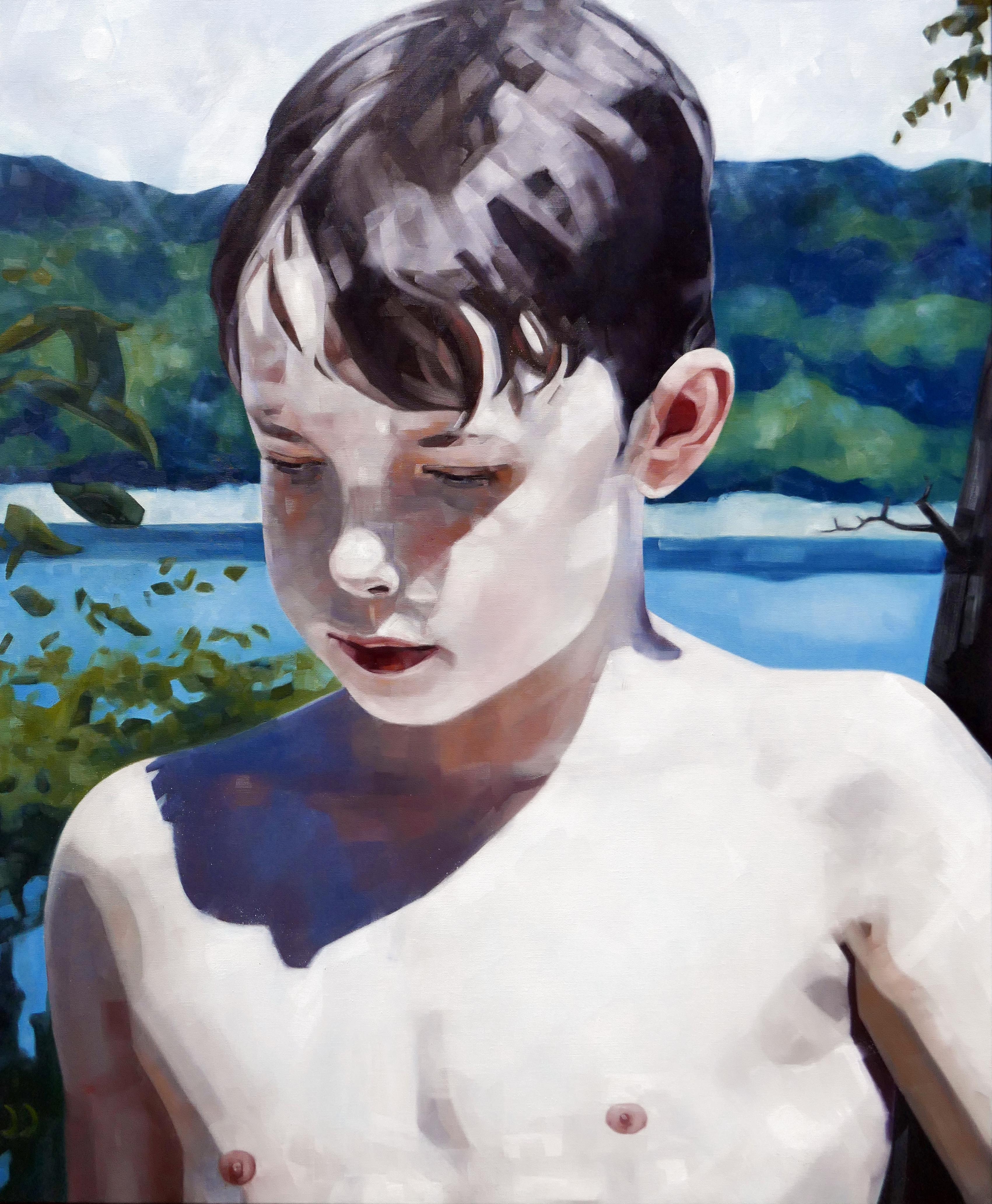 Portrait Painting di Daniel Wimmer - Segreto  - Pittura ad olio figurativa espressiva contemporanea, ritratto di ragazzo