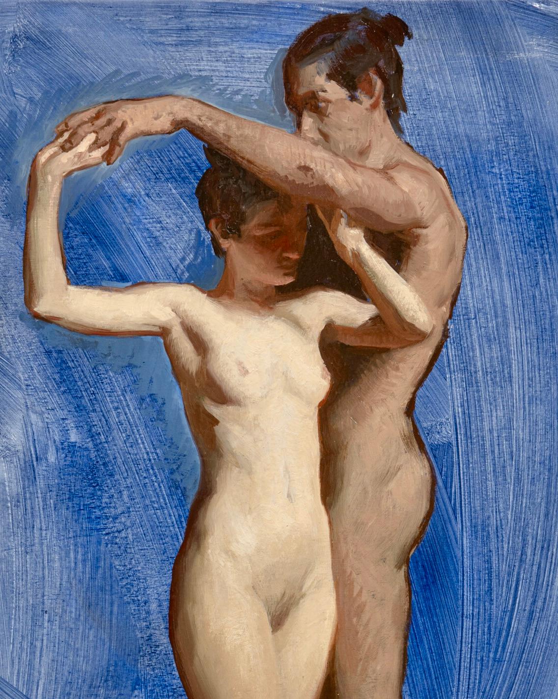 Couple #2- 21st Century Contemporary Painting of a nude dancing male and female  - Blue Portrait Painting by Daniela Astone