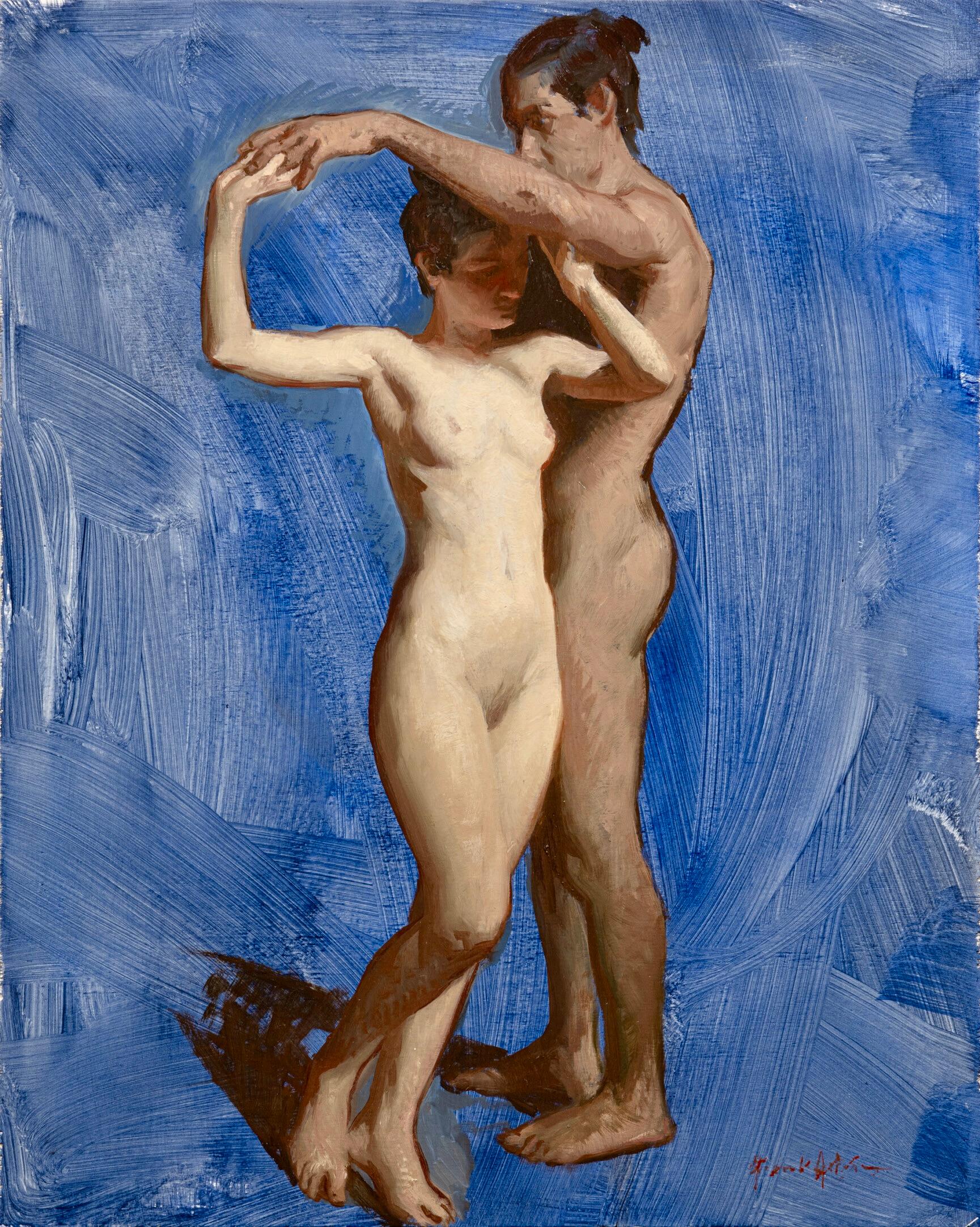 Daniela Astone Portrait Painting – Paar #2- Zeitgenössisches Gemälde des 21. Jahrhunderts mit einem tanzenden nackten Mann und einer Frau 